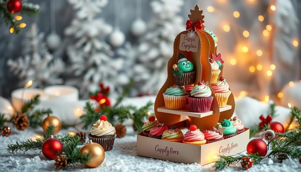 Christmas dessert display featuring a seasonal cupcake tower